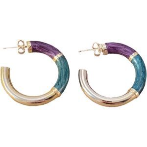 Vintage 1 1/4" Gold Over Sterling Purple and Teal Resin Hoop Earrings